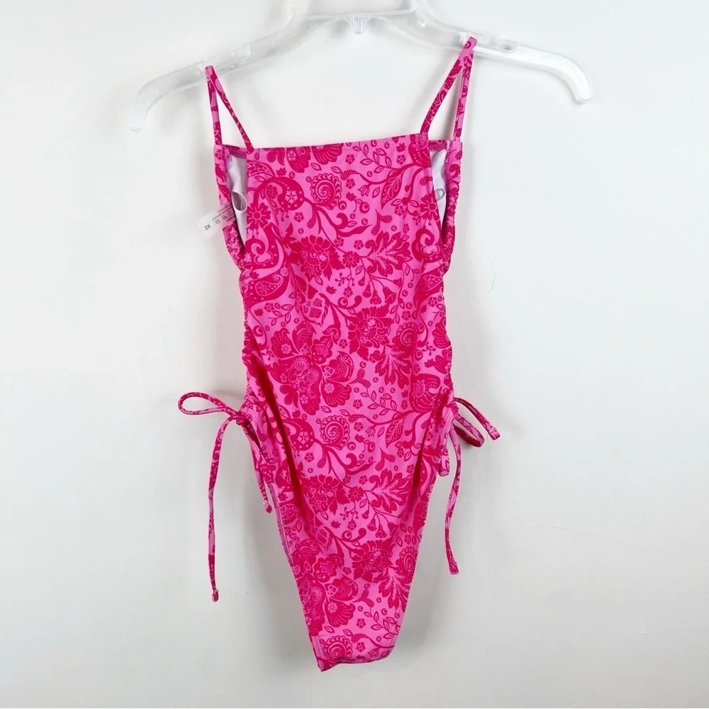 Pink Floral One Piece Swimsuit XS Paisley Feminine Side Ties Cheeky Kidcore